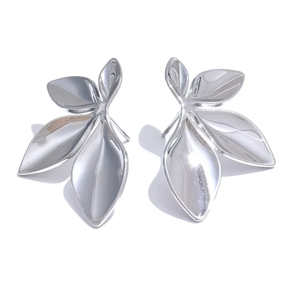 Metal Color: Gold-color - 1 pair 3.5?—2.2cm Leaves Stud Earrings Fashion Anti Allergy Flower Stud Earrings Texture Waterproof Stainless Steel Stud Earrings