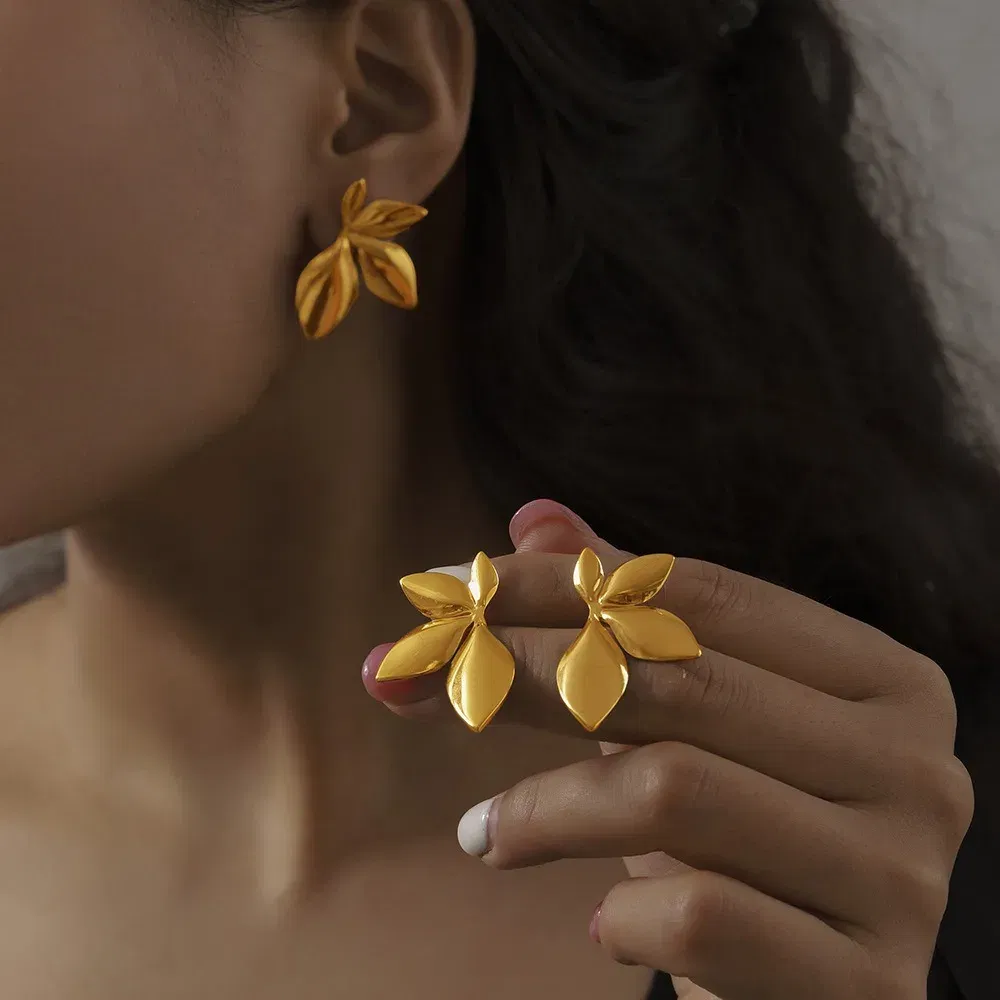 Metal Color: Gold-color - 1 pair 3.5?—2.2cm Leaves Stud Earrings Fashion Anti Allergy Flower Stud Earrings Texture Waterproof Stainless Steel Stud Earrings