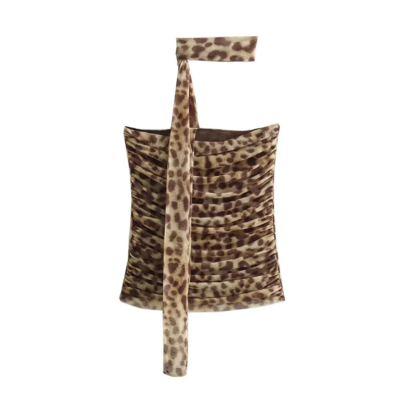 Color: Brown, Size: L - TRAF 2024 Woman Off Shoulder Tulle Crop Top Women Ruched Leopard Print Sexy Tube Tops Summer Sleeveless Backless Bandeau Top