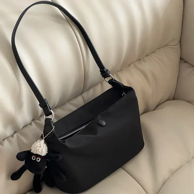 Color: black - Homemade Baby Pink Nylon Fabric Underarm Bag Korean New Inner Lightweight Texture Small Bag Full with Shoulder Handbag