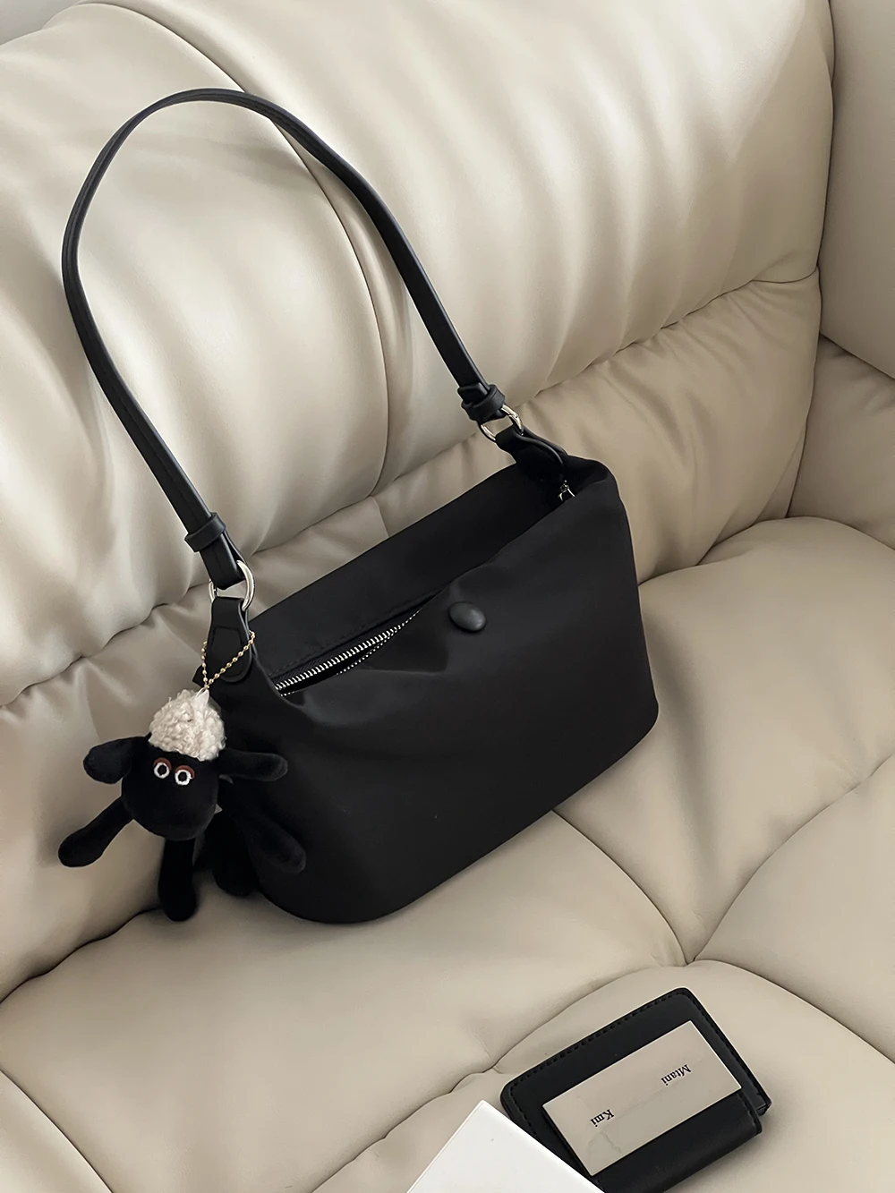 Color: black - Homemade Baby Pink Nylon Fabric Underarm Bag Korean New Inner Lightweight Texture Small Bag Full with Shoulder Handbag