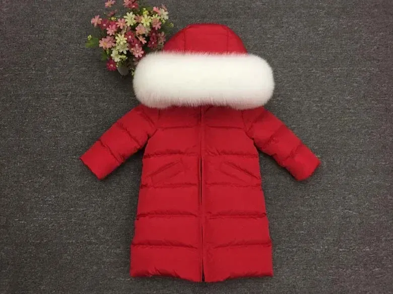 Color: Khaki, Kid Size: 8 - Children Girl boy Winter real fur thickened down jackets 90 down Long Coat jacket overcoat baby kids clothing -30 outwear ws1245