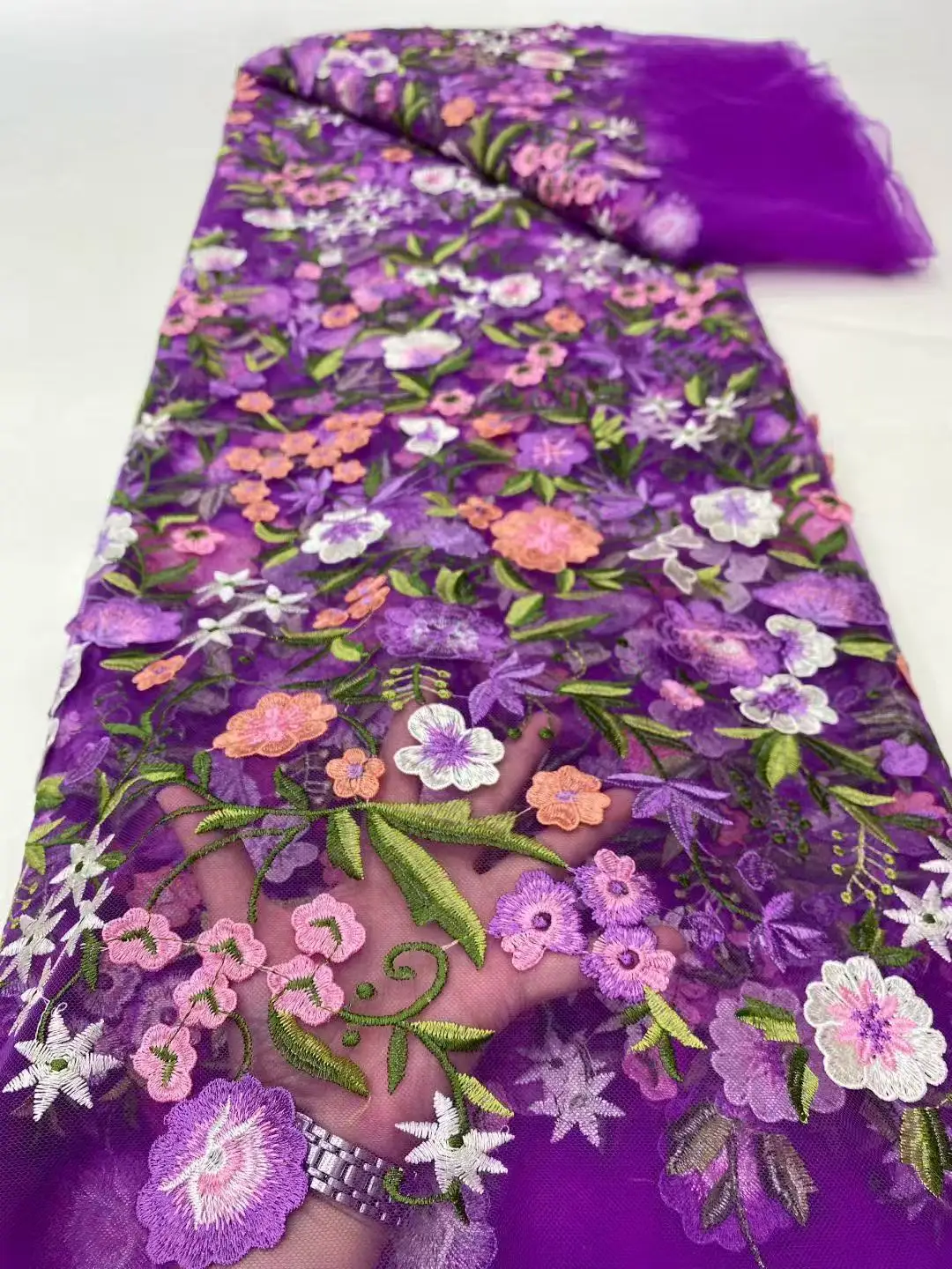 Color: Ivory, Width: 120cm, Length: 5 yards - Purple 3D Flowers French Latest Nigerian Lace Fabrics 2025 High Quality Net African Lace with Beads for Wedding Party 2025