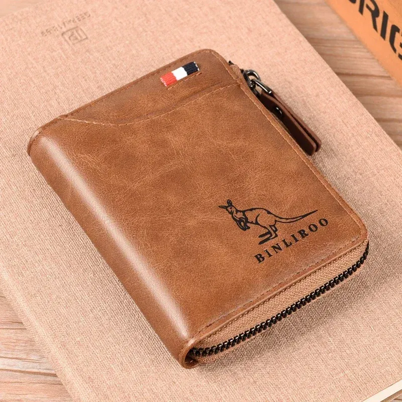 Color: Khaki - Luxury Designer Leather Men's Wallet RFID Zipper Card Holder Wallets for Men Portable Short Male Wallets Handbag