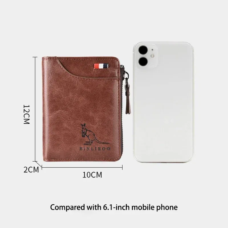 Color: Khaki - Luxury Designer Leather Men's Wallet RFID Zipper Card Holder Wallets for Men Portable Short Male Wallets Handbag