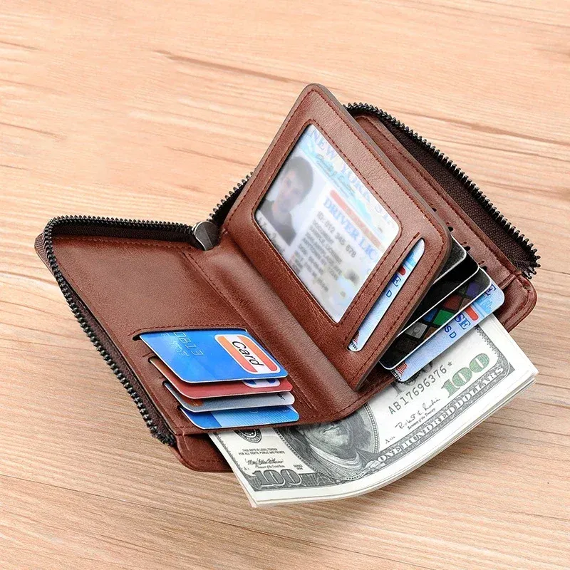 Color: Khaki - Luxury Designer Leather Men's Wallet RFID Zipper Card Holder Wallets for Men Portable Short Male Wallets Handbag