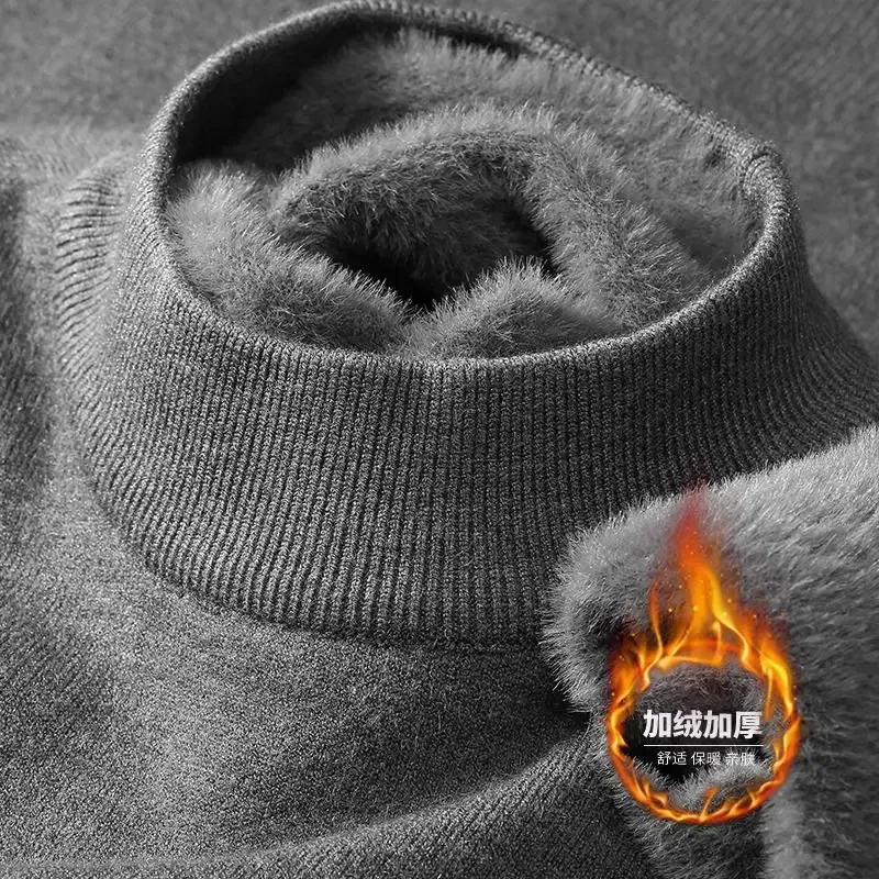 Color: Beige, Size: XXL - Plush Men's Knitted Sweater Turtleneck with Velvet Padded Warm Solid Pullovers Autumn Winter Thick Bottom Casual O-Neck Sweater