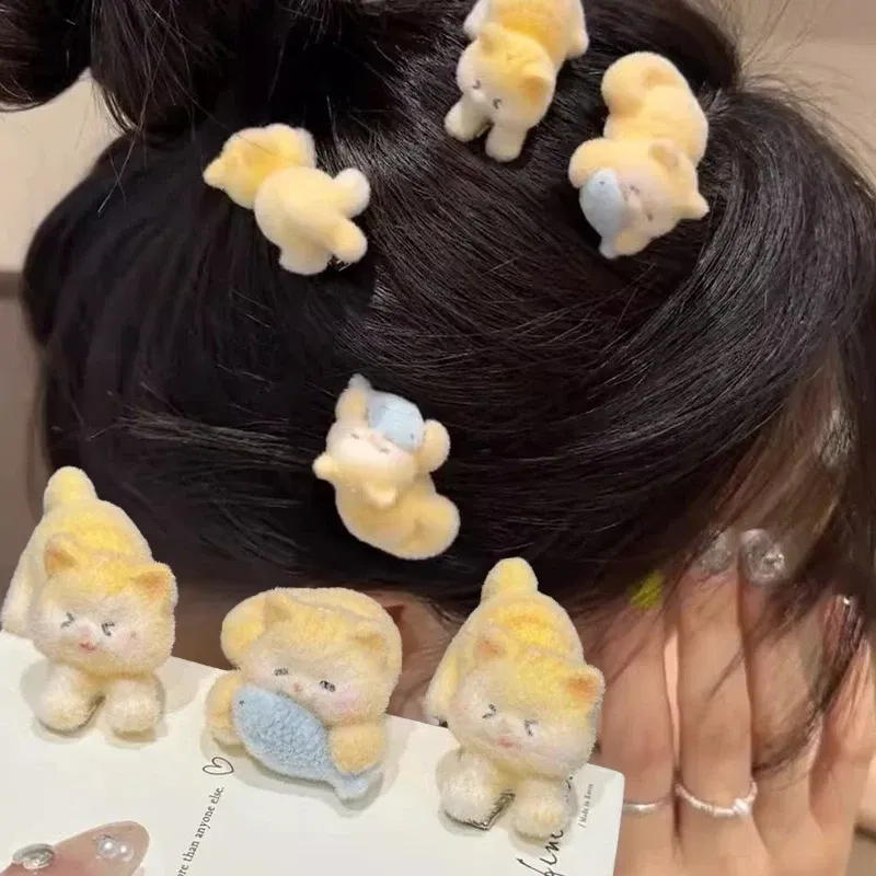 Color: Red - 1/2pcs New Cat Flocking Hair Clip Plush Cute Cat Fish Hairpin Sweet Kawaii Hair Clips for Girls Kids Headwears Deraction Gifts