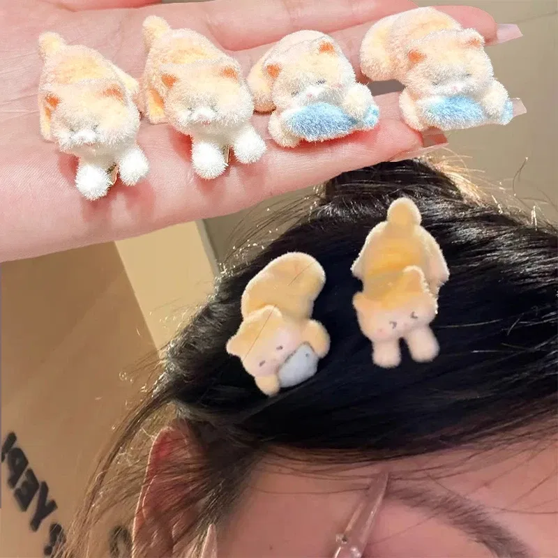 Color: Red - 1/2pcs New Cat Flocking Hair Clip Plush Cute Cat Fish Hairpin Sweet Kawaii Hair Clips for Girls Kids Headwears Deraction Gifts