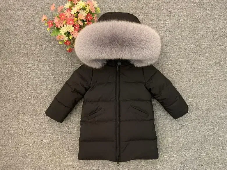 Color: PEACOCK BLUE, Kid Size: 4T - Children Girl boy Winter real fur thickened down jackets 90 down Long Coat jacket overcoat baby kids clothing -30 outwear ws1245