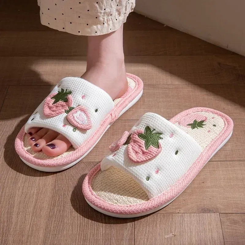 Shoe Size: 38-39, Color: Beige - Strawberry Linen Upper Sweet Home Girl's Soft Soles Silent Non-slip Floor Slippers in Line with Human Bow Science Shoes Sandals