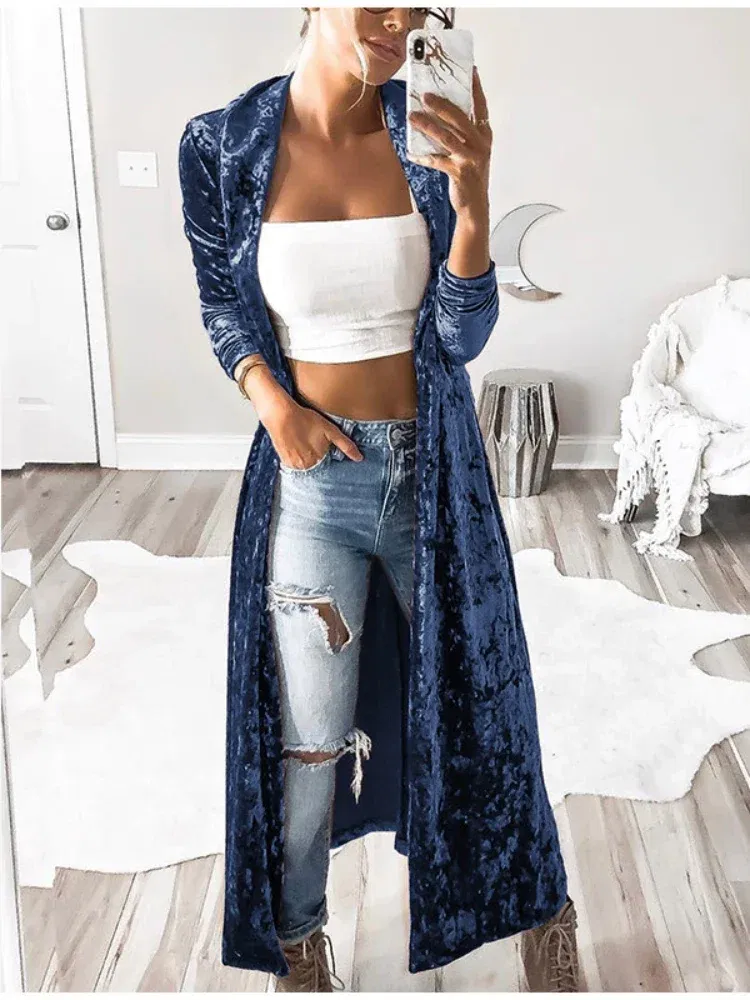 Color: Beige, Size: XXL - 2024 Long Velvet Kimono Cardigan Windbreaker Women Jacket Pure Color Fashion Long Sleeve Casual Ladies Long Jacket Trench Coat