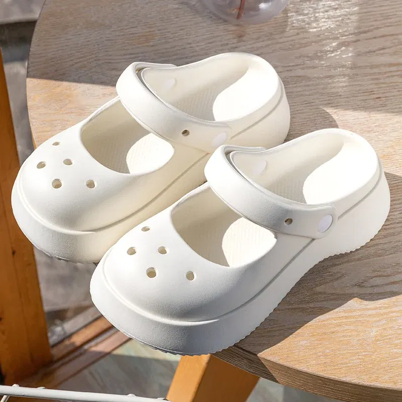 Color: WHITE, Shoe Size: 35 - Summer Women Slippers Fashion Thick Bottom Hole Shoes EVA Slippers Anti Slip Baotou Slippers Outdoor Beach Sandals Slippers