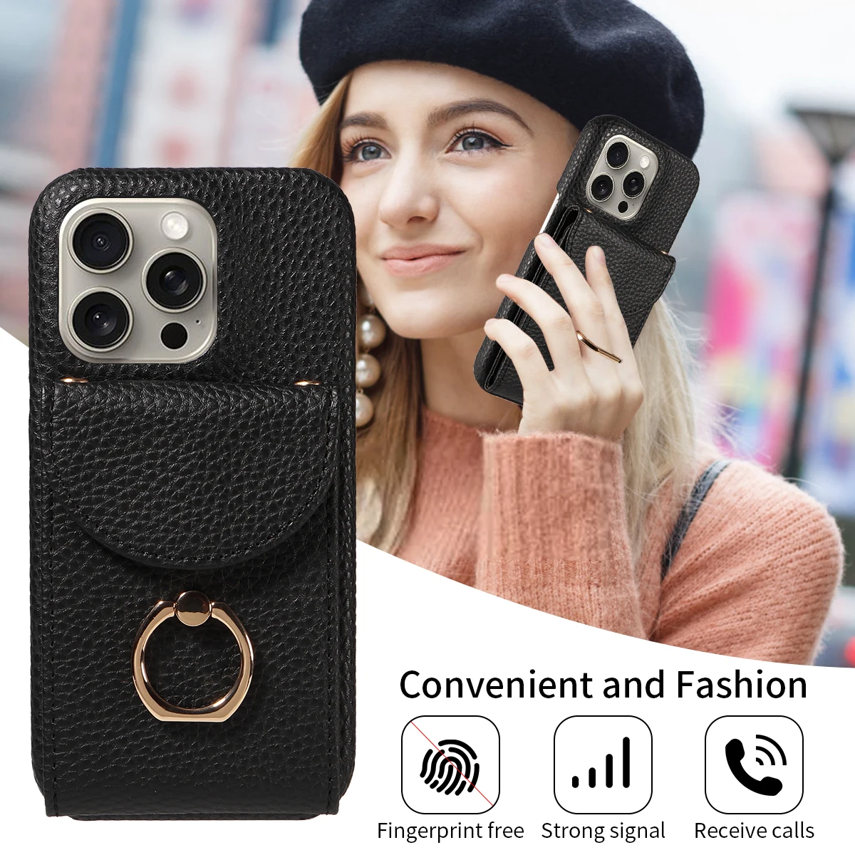 Color: Gold, Compatible-Phone Models: For iPhone 16 Pro Max, Bundle: Case & Strap, Material: Artificial Leather - High Quality Ring Stand Lychee Pattern Phone Case for IPhone16promax15 14 13 Crossbody with Lanyard PU Leather Anti-fall Cover