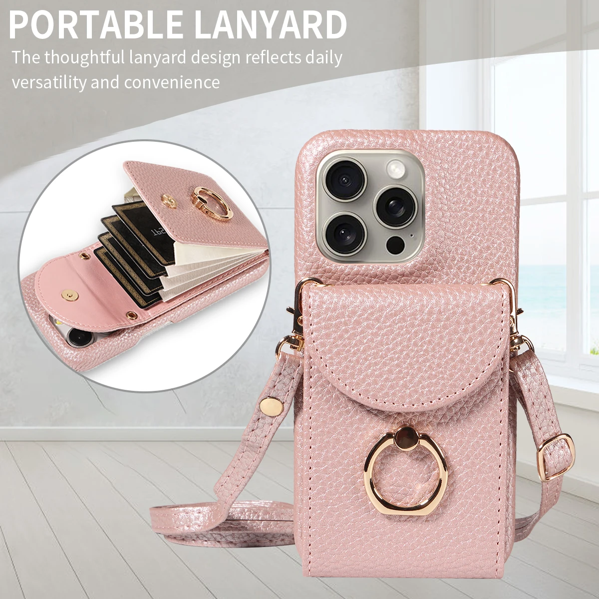 Color: Gold, Compatible-Phone Models: For iPhone 16 Pro Max, Bundle: Case & Strap, Material: Artificial Leather - High Quality Ring Stand Lychee Pattern Phone Case for IPhone16promax15 14 13 Crossbody with Lanyard PU Leather Anti-fall Cover
