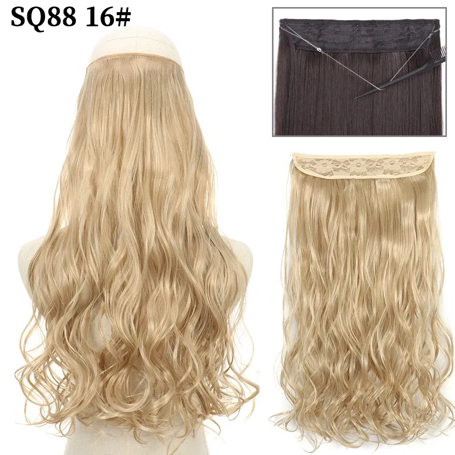 Color: P1B/30, Stretched Length: 16inches, Ships From: CHINA - Synthetic Natural Wavy No Clip Fish Line Invisible Hair Extensions Mixed Color Blonde Black Artificial False Hair Piece ForWomen