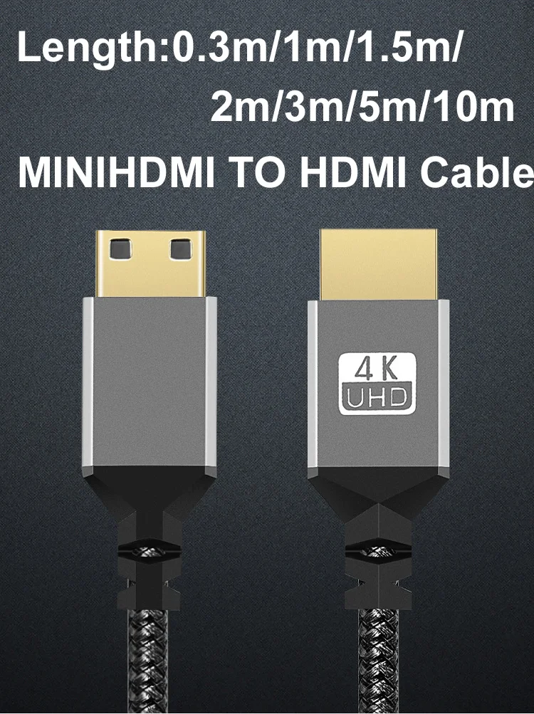 Length: 10m - Nylon MINI HDMI To HDMI Cable HDMI2.0 MINIHDMI Male A Male 4K 60HZ HD 1080P  Adapter Converter 1M 2M 3M 5M 10M Wire TV Camera