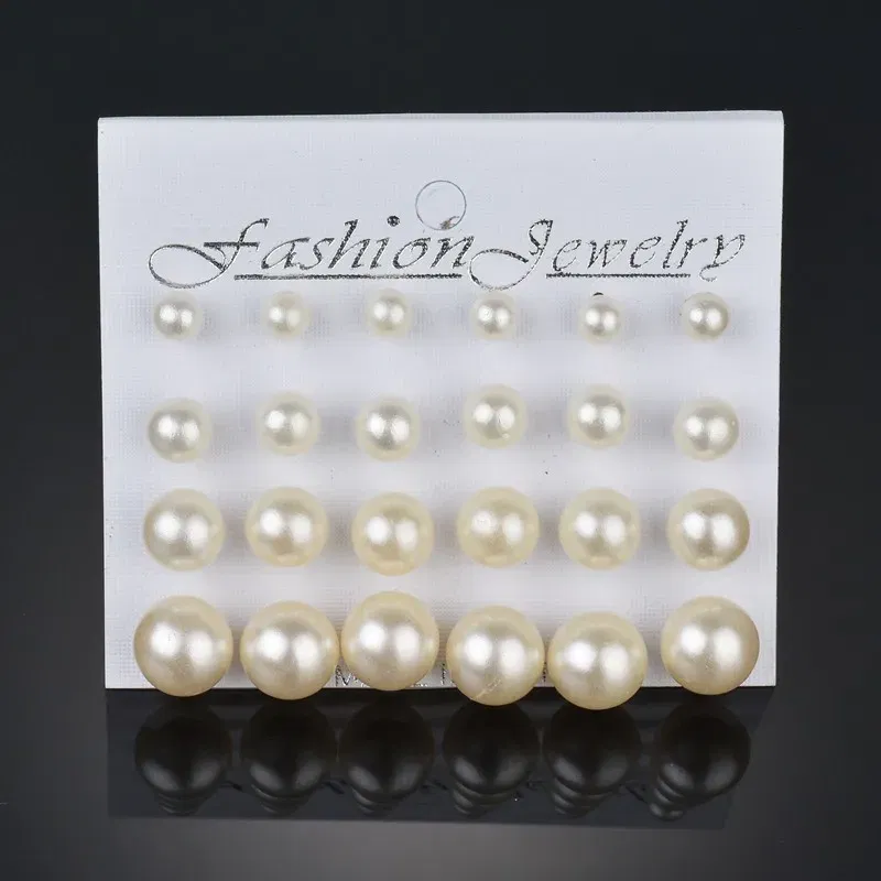 Metal Color: Light Yellow Gold Color - 12 Pairs White Simulated Pearl Earrings Set For Women Jewelry Big Small Ball Stud Ear Bijouteria Brincos Bijoux