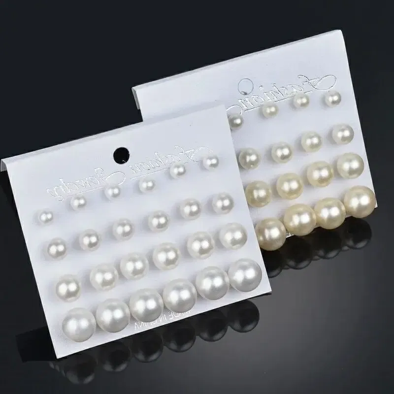 Metal Color: Light Yellow Gold Color - 12 Pairs White Simulated Pearl Earrings Set For Women Jewelry Big Small Ball Stud Ear Bijouteria Brincos Bijoux