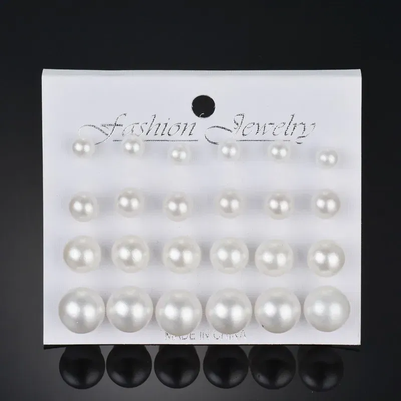 Metal Color: Light Yellow Gold Color - 12 Pairs White Simulated Pearl Earrings Set For Women Jewelry Big Small Ball Stud Ear Bijouteria Brincos Bijoux