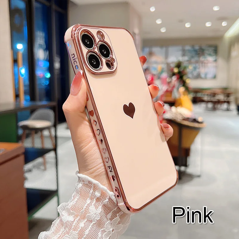 Color: Khaki, Ships From: CN, Material: POLYESTER - Electroplating Side Love Heart Phone Case For IPhone 16 15 14 13 12 11 Pro Max XR 8 Plus SE2/SE3 Shockproof Back Cover