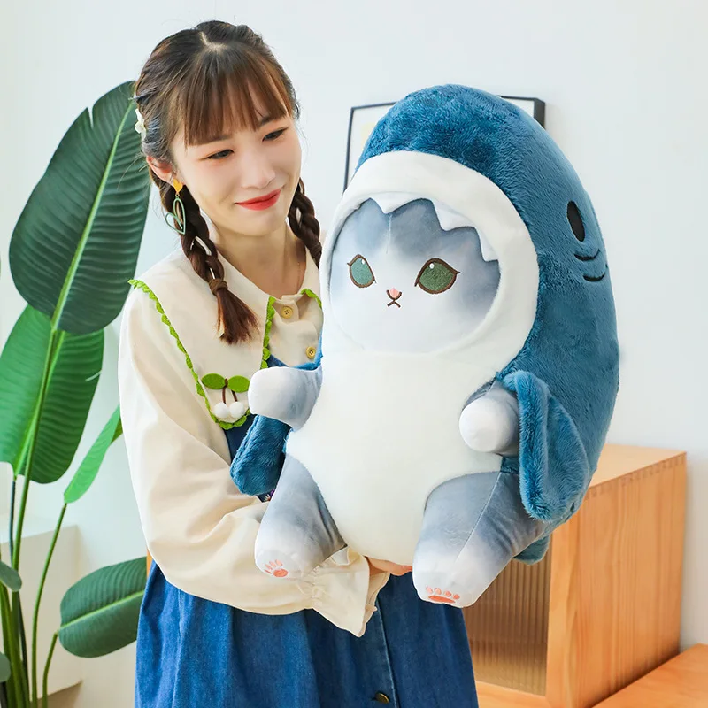 Color: CRIMSON, Height: 0-10cm - Funny Shark Cat Transformed Cat Doll Plush Toy for Kids, Kawaii Girl Rag Doll, Children's Pillow, Creative Gift, New Product