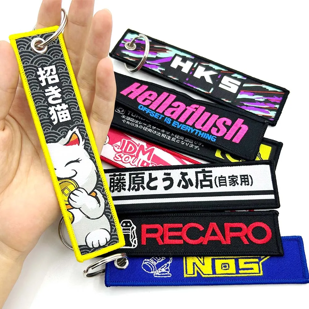 Color Name: WHITE - JDM HKS Keychain Embroidered Woven Personality Fashion Cloth ADVAN Key Chain Car Motorcycle Key Rings Key Holder Pendant Nos