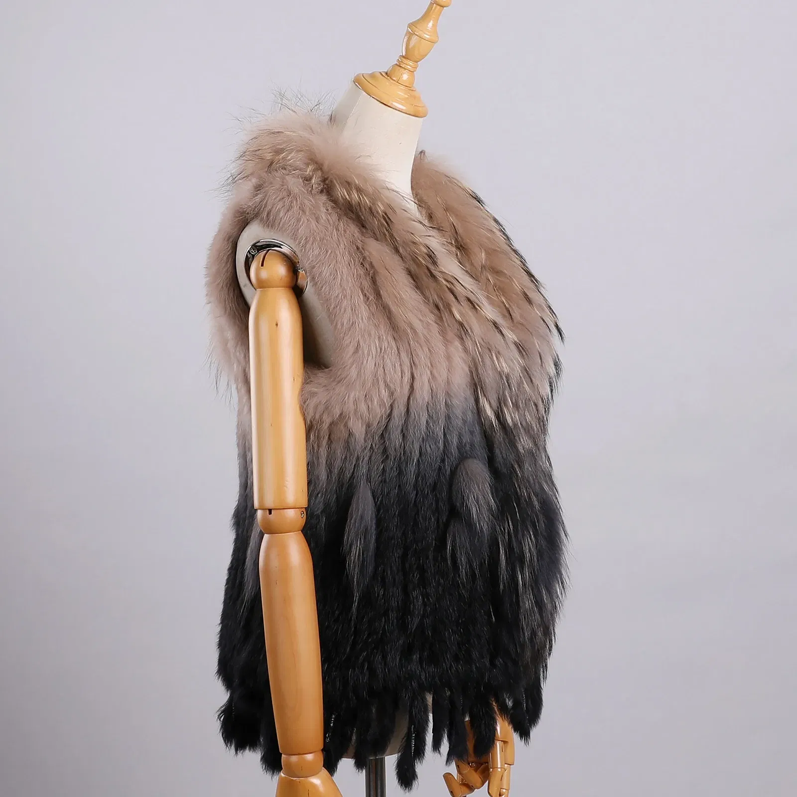 Color: Khaki, Size: M - Luxury Women's Genuine Premium Long Hair Rabbit Fur Knit Vest Raccoon Fur Trim Gilet Lady Sleeveless Waistcoat Real Fur Jacket