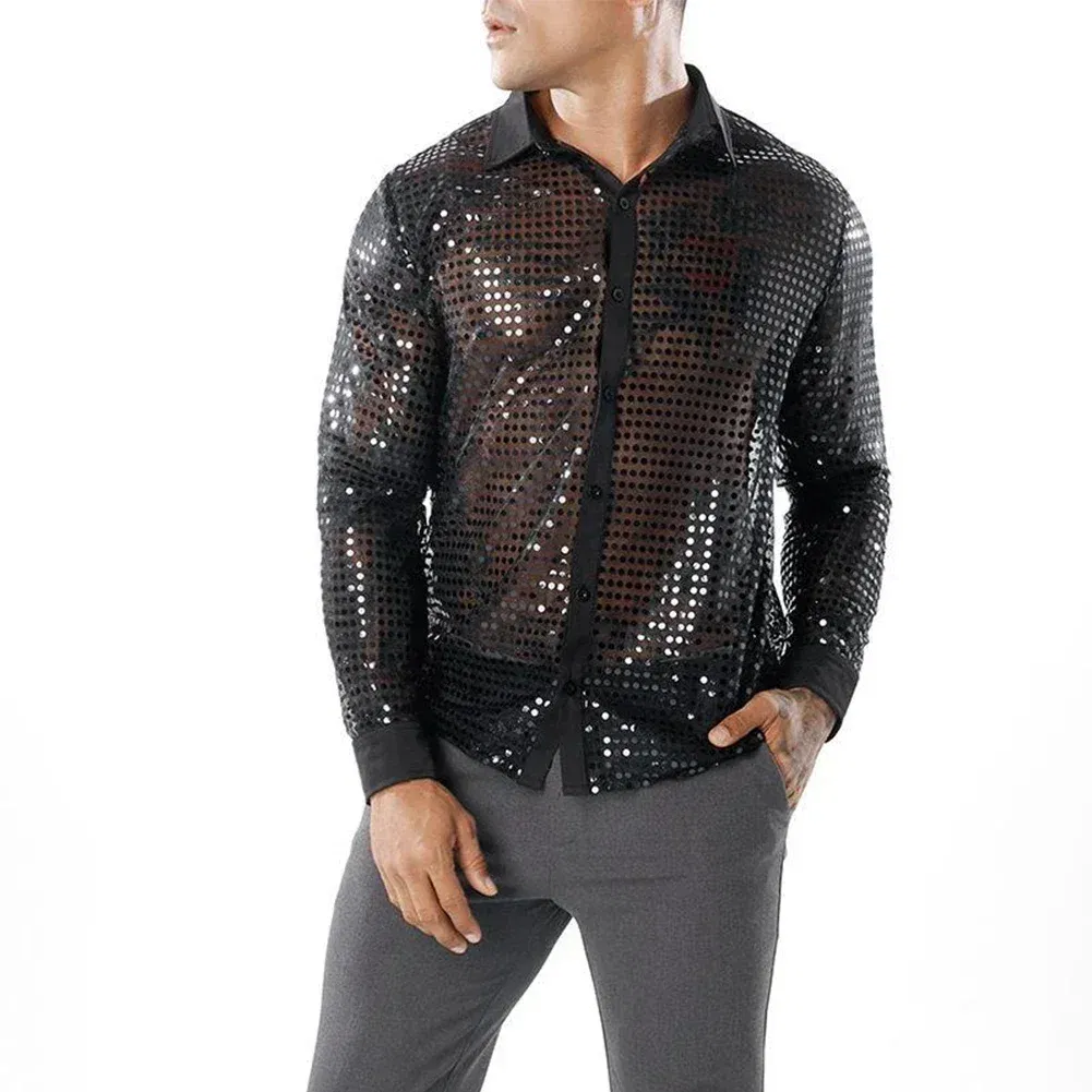 Color: black, Size: M, Ships From: CHINA - 2023 Fashion Mens Sparkly Sequins Party Dance Shirts Retro 70s Disco Nightclub Shirt Tops Single Breasted Performance Clothing