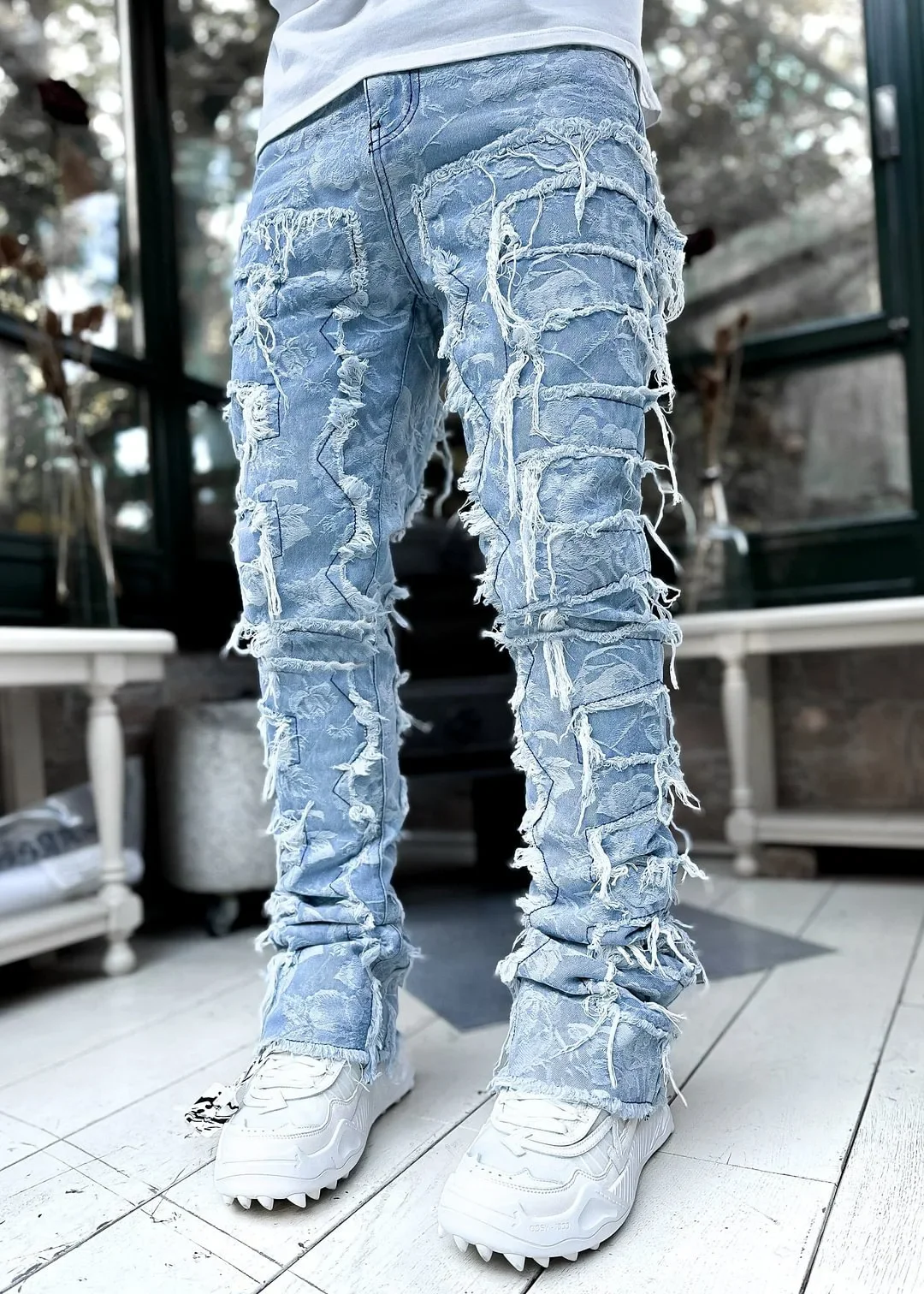 Color: Beige, Size: S - Men's Regular Fit Stacked Jeans Ripped Slim Fit Patch Distressed Destroyed Straight Denim Pants Hip Hop Streetwear Trouser Cloth