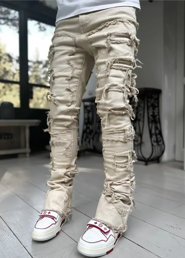 Color: Beige, Size: S - Men's Regular Fit Stacked Jeans Ripped Slim Fit Patch Distressed Destroyed Straight Denim Pants Hip Hop Streetwear Trouser Cloth