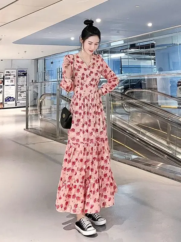 Color: black, Size: L - Chiffon floral dress 2024 spring/summer new high waisted slimming knee length skirt light luxury French style large skirt 3FWF