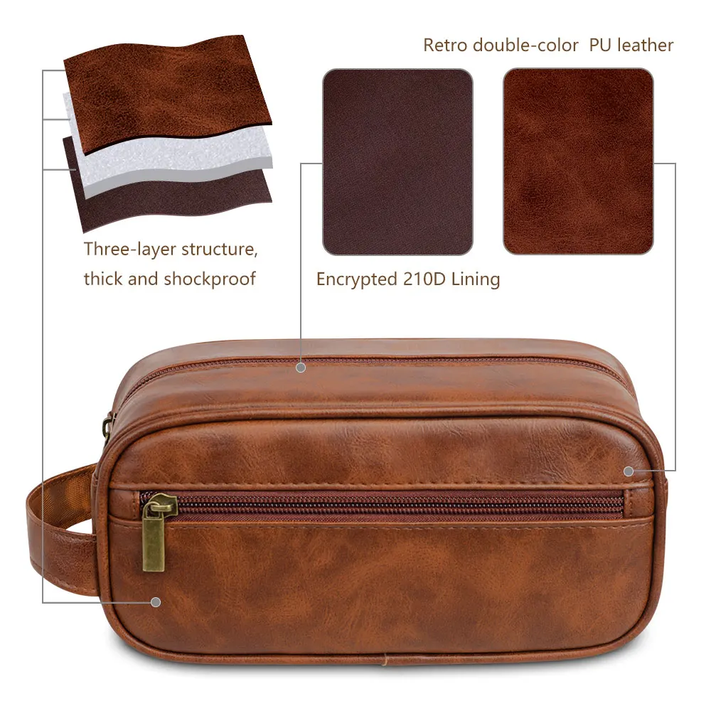 Color: SKY BLUE - Men Leather Wash Bag Travel Business Trips Portable Cosmetic Bag Large Capacity Multi Pocket Design Handheld Leather Wash Bag