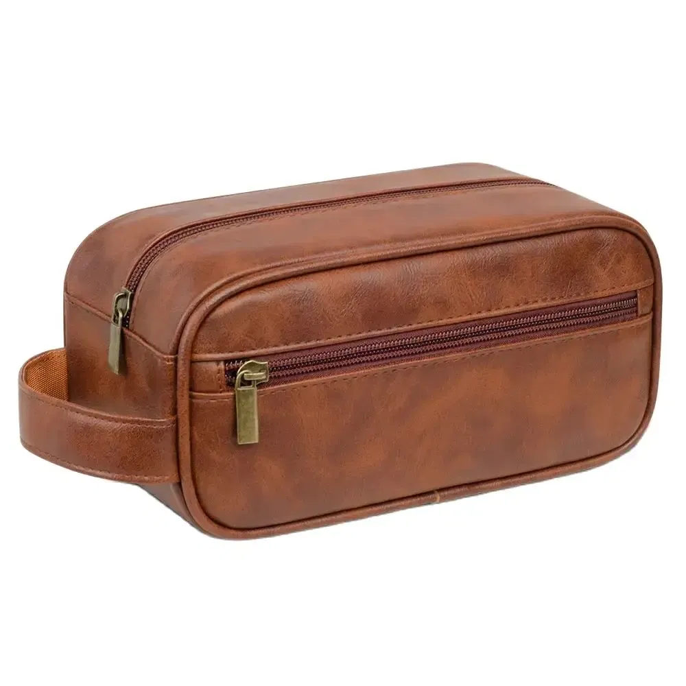 Color: SKY BLUE - Men Leather Wash Bag Travel Business Trips Portable Cosmetic Bag Large Capacity Multi Pocket Design Handheld Leather Wash Bag