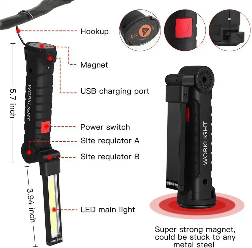 Emitting Color: Yellow - COB LED Work Light Dimmable USB Rechargeable LED Flashlight Inspection Lamp With Magnetic Hook Power Bank 18650 Battery Torch