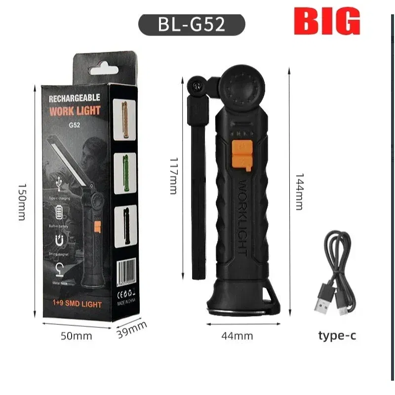 Emitting Color: Yellow - COB LED Work Light Dimmable USB Rechargeable LED Flashlight Inspection Lamp With Magnetic Hook Power Bank 18650 Battery Torch