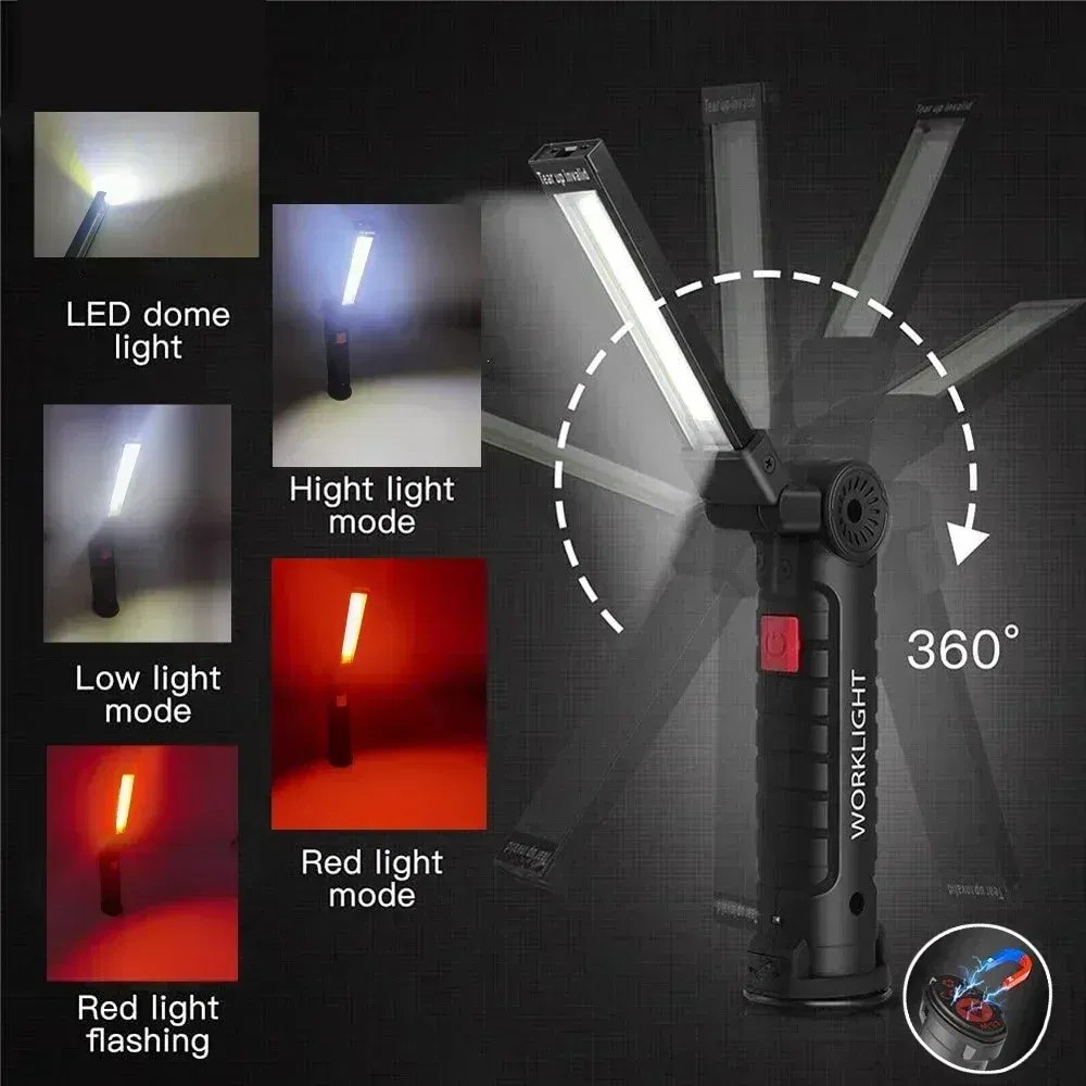 Emitting Color: Yellow - COB LED Work Light Dimmable USB Rechargeable LED Flashlight Inspection Lamp With Magnetic Hook Power Bank 18650 Battery Torch