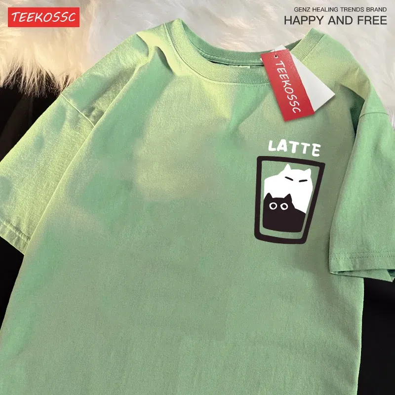 Color: Silver, Size: S - Mocha Latte Couple Outfit Cat Coffee Couple Male T-Shirts Graphic Cool Tee Shirt High-Quality Oversized Tshirt Comfort Soft