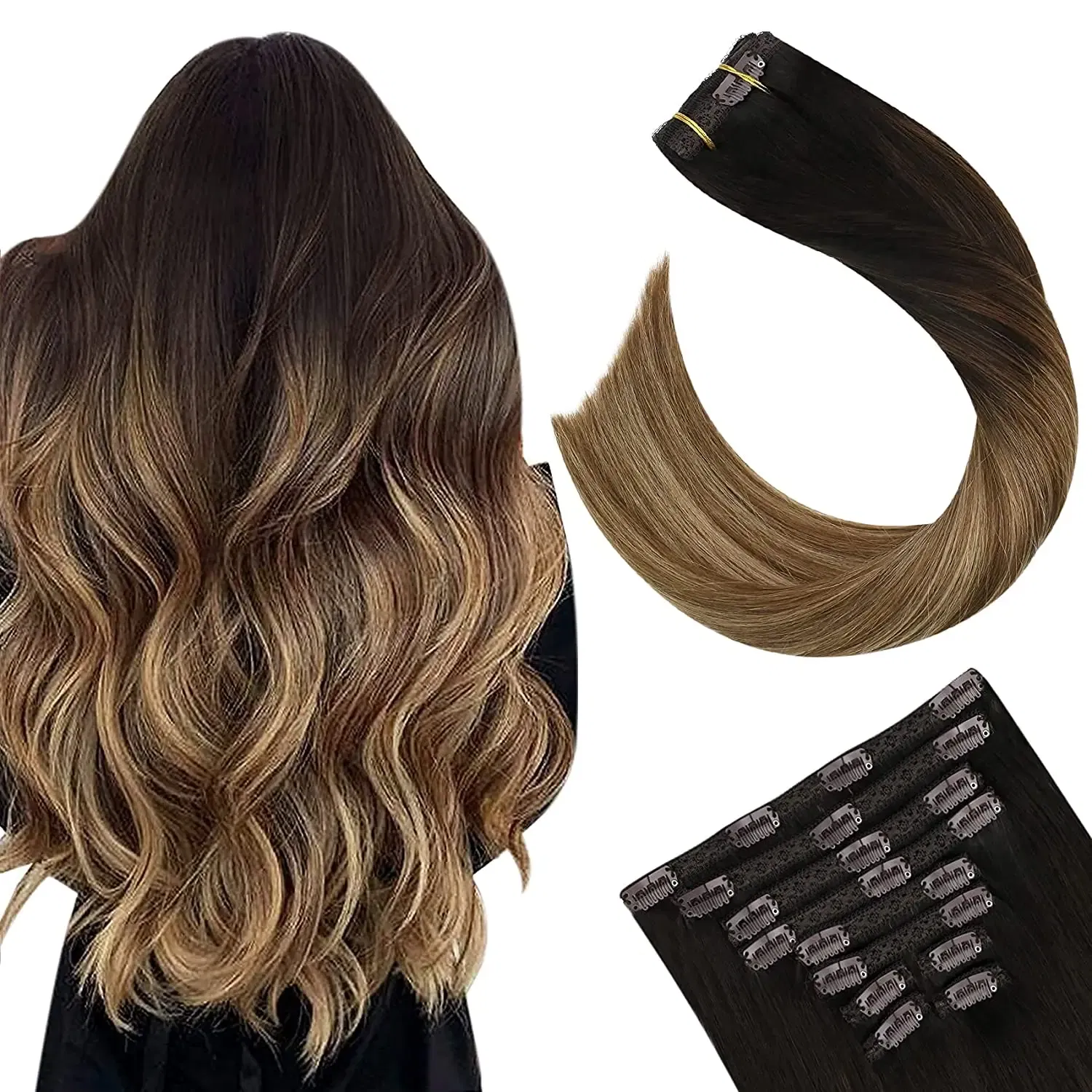 Color: T2/60, Length: 14 inches, Weight Per Package: 120g/Set - [16 Colors] Ugeat Clip in Hair Extensions Human Hair 14-22" Double Weft Remy Hair Full Head Clip in Extensions for Woman 7Pcs