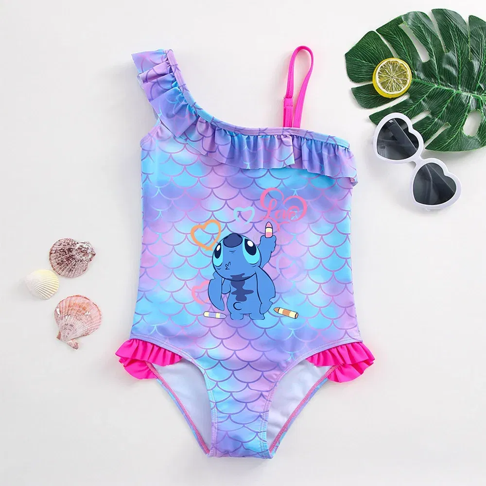 Color: Light Green, Size: L - Stitch Girls Swimsuit Fashion Mermaid Fish Scale One-Piece Bathing Suits Children's Dresses Summer Swimwear Beach Suit Kids Wear