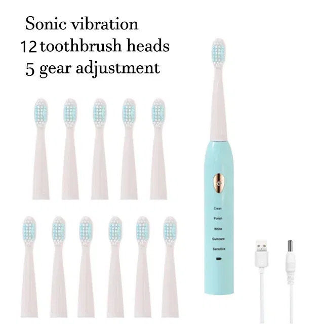 Color: Beige - Electric Toothbrush 5-gear Mode USB Charging 4 colors IPX7 Waterproof Ultrasonic Rechargeable Soft Hair Toothbrush Adult Classic