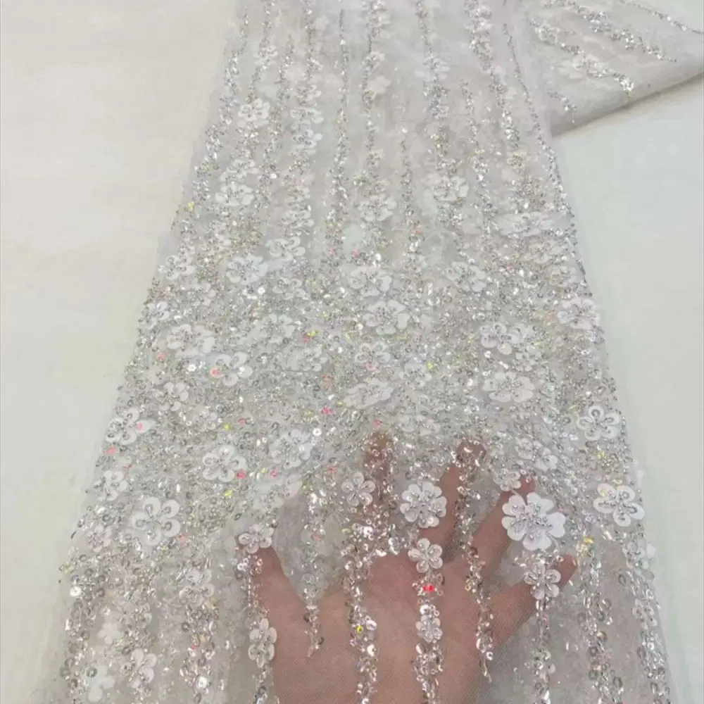 Color: WHITE, Length: 5 yards, Width: 120cm - White African Beads Groom Tulle lace Fabric 2025 High Quality Sequins Embroidery French Tulle Laces For Nigeiran Party Dress