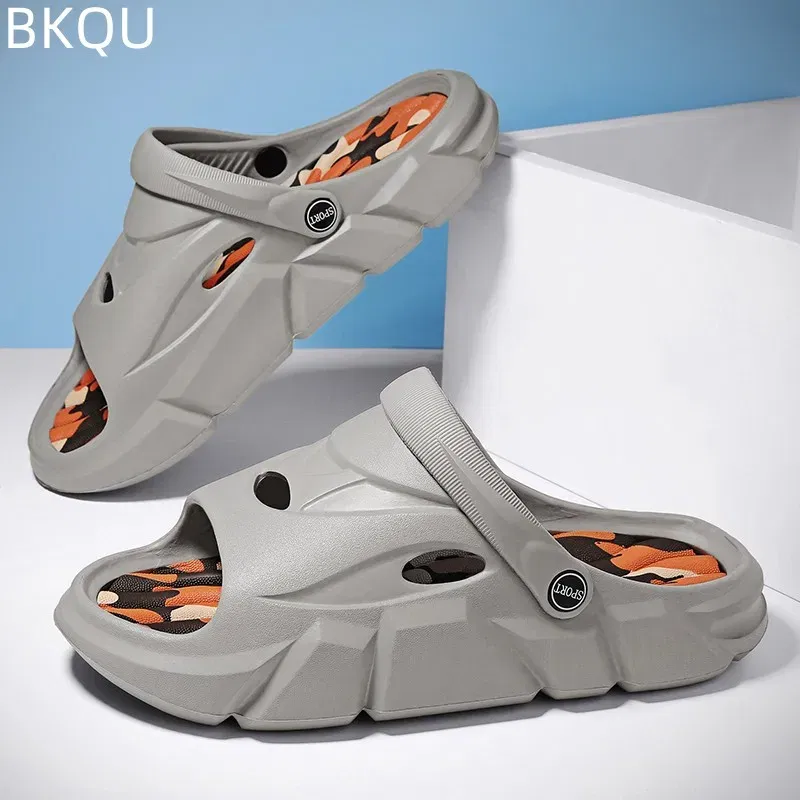 Color: Beige, Shoe Size: 42 - Men's Beach Slippers Round Toe Lightweight Flat Bottom Waterproof Comfortable Trend Versatile Breathable Non-slip Large Size