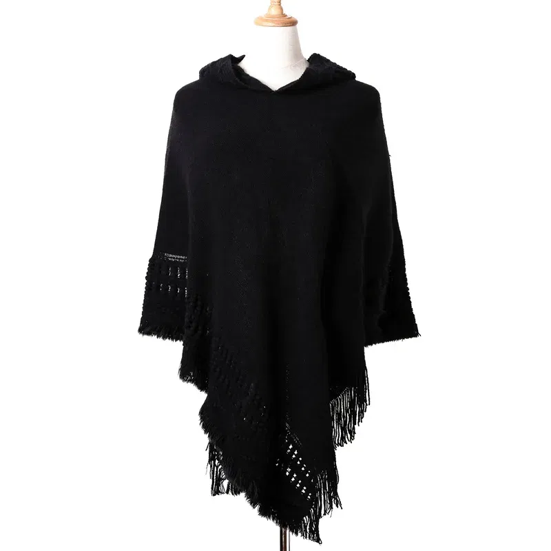 Color: BROWN, Size: One Size - New Women Ladies Tassel Cape Coat Fringe Poncho Oblique Stripe Coat Bohemian Shawl Scarf