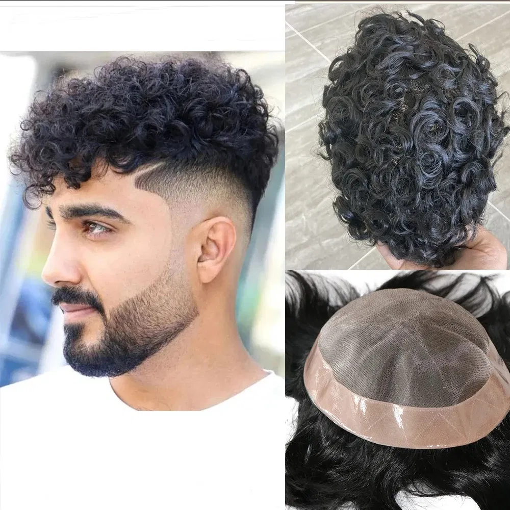 Toupee Color: 2020#, Toupee Density: 110%, Length: 6 inches, Toupee Size: 6x8, Toupee Design: free - 20MM Curly Brown Black Super Durable Mono Lace&Pu Mens Toupee Wig Human Hair 15mm Capillary Prosthesi Weave Replacement For Male