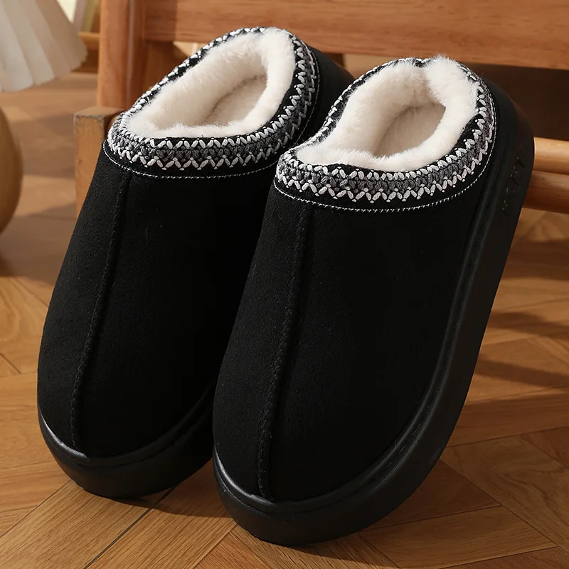 Color: black, Shoe Size: 38-39 - Comfort Thick Bottom Cotton Slippers Women 2025 Winter Warm Thick Plush Non Slip Furry Clogs Shoes Embroidery Suede Snow Boots