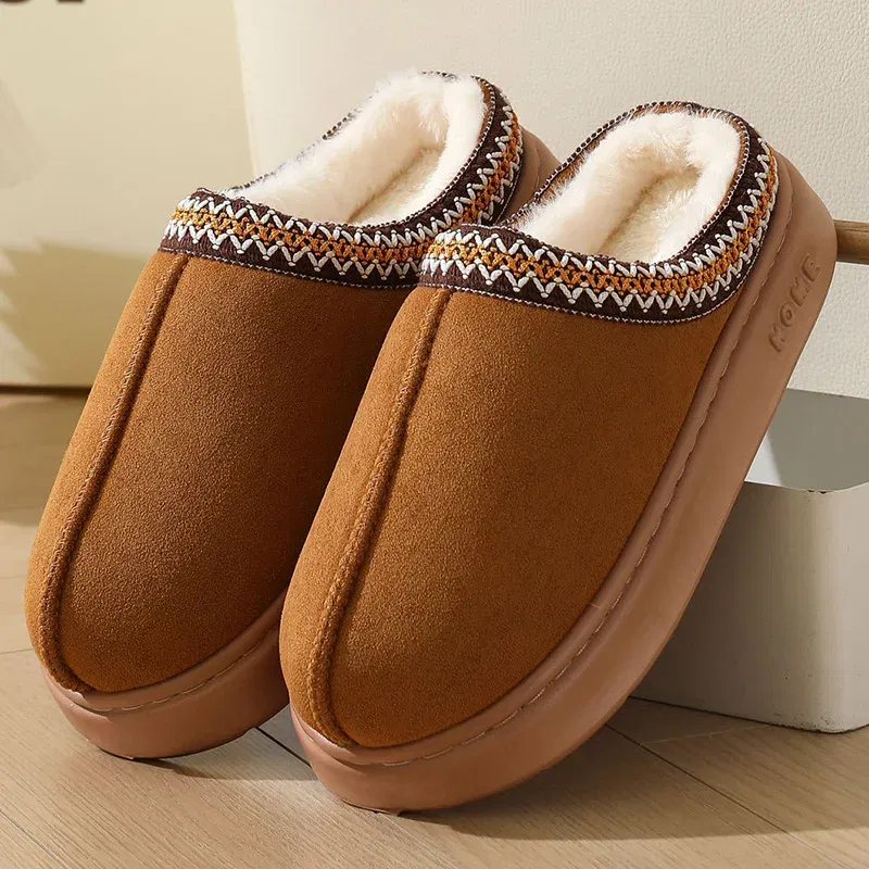 Color: black, Shoe Size: 38-39 - Comfort Thick Bottom Cotton Slippers Women 2025 Winter Warm Thick Plush Non Slip Furry Clogs Shoes Embroidery Suede Snow Boots