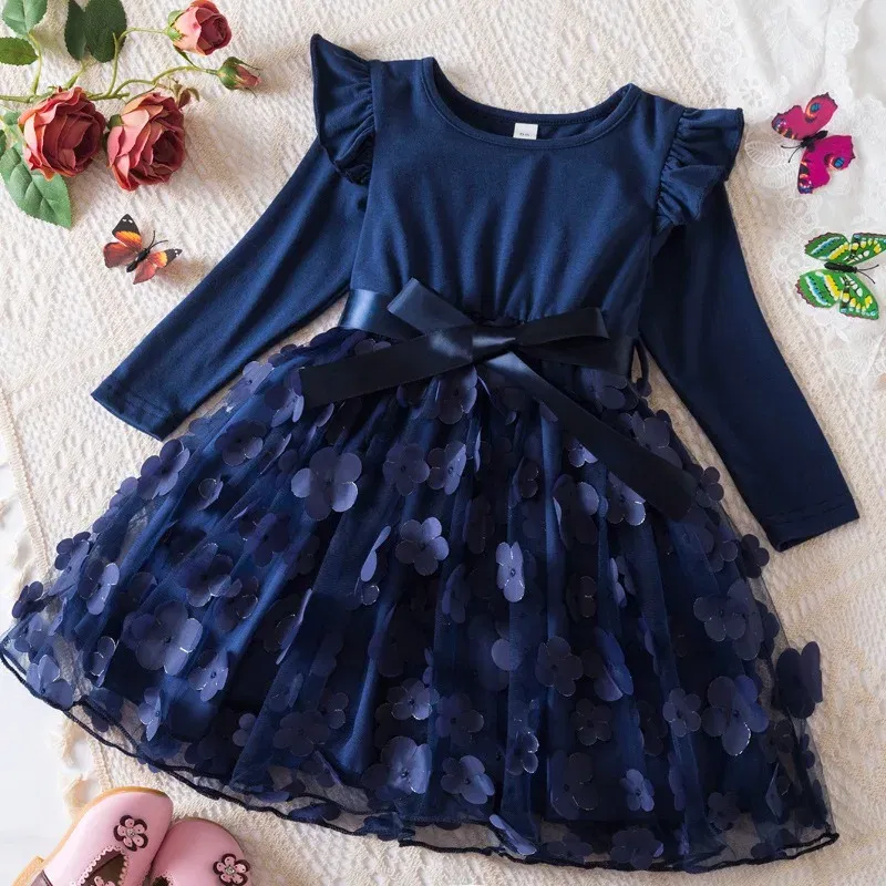 Color: DEEP BLUE, Size: One Size, Height: 176 - Lilo Stitch Girl Baby Dresses Spring Autumn Child Long Sleeve Sweet Princess Dress Mesh Newborn Casual Dress Birthday Party 2-6Y