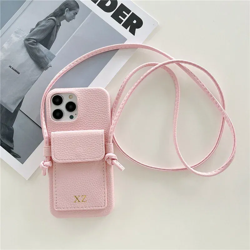 Color: pink, Material: Cotton Fabric - Personalized Gold Silver Letters Leather PU Card Holder Lanyard Hard Case For iPhone 14 13 12 11 15 Pro Max XS XR 16 Plus Cover