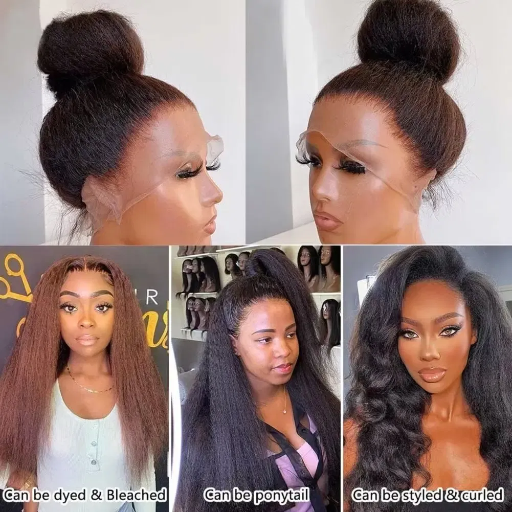 Color: Natural Color, Stretched Length: 22inches - Kinky Straight 13x4 Transparent Lace Front Wigs Human Hair 180% Density Pre Plucked Yaki Straight Human Hair Natural Color